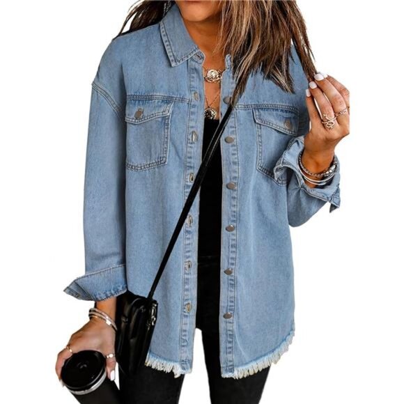 Dokotoo Jackets & Blazers - Women's Oversized Denim Blue Jacket Casual Long Sleeve Jean Jacket Fall‎ Spring
